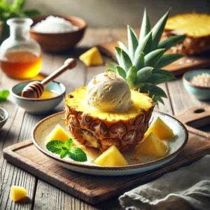 Een halve ananas gevuld met romig huisgemaakt vanille-ijs, gegarneerd met verse ananasstukjes, een drizzle honing, geroosterde kokosschilfers en een paar muntblaadjes. Geserveerd op een rustieke houten tafel met zachte, natuurlijke belichting.