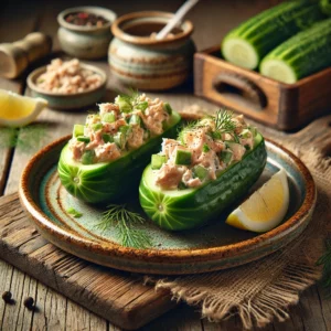 Een rustieke foto van gevulde komkommers met tonijn, geserveerd op een keramieken bord op een doorleefde houten tafel. De verse komkommerhelften zijn uitgehold en gevuld met een romige tonijnsalade, bereid met mayonaise, kruiden en fijngesneden groenten. Een snufje zwarte peper en verse dille zorgen voor een verfijnde afwerking. Citroenpartjes en een kleine salade van gemengde bladgroenten voegen een frisse toets toe. Op de achtergrond ligt een houten snijplank met extra komkommerschijfjes en een schaaltje tonijnsalade, subtiel vervaagd. Zacht natuurlijk licht zorgt voor een warme en uitnodigende sfeer.