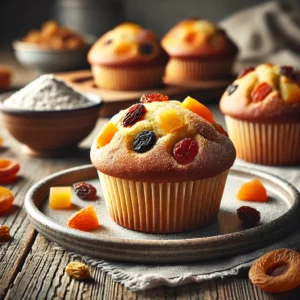 Glutenvrije tuttifrutti muffins op een bord, omringd door stukjes gedroogd fruit en een kopje thee op een houten tafel
