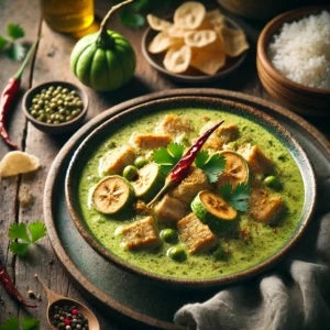 Groene varkenscurry met kokos en Pisang Ambon, geserveerd in een rustieke kom. De romige groene saus omhult malse stukjes varkensvlees, met plakjes banaan voor een subtiele zoete toets. Gegarneerd met verse koriander en rode chili, geserveerd met jasmijnrijst en kroepoek op een houten tafel met sfeervolle, natuurlijke belichting.