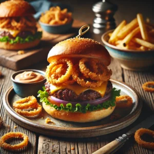Een rustieke foto van hamburgers met gefruite uien, geserveerd op een keramieken bord op een doorleefde houten tafel. De sappige, perfect gebakken runderburgers zijn belegd met goudbruine, knapperige gefruite uien, gesmolten kaas en verse sla op een licht geroosterd briochebroodje. Ernaast ligt een portie dikke frieten met een klein schaaltje dipsaus. Op de achtergrond ligt een houten snijplank met extra gefruite uien en burgerbeleg, subtiel vervaagd. Zacht natuurlijk licht zorgt voor een warme en uitnodigende sfeer.
