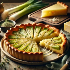Goudbruine hartige preitaart met gesmolten gruyère in een rustieke taartvorm, geserveerd op een houten tafel met een frisse groene salade.