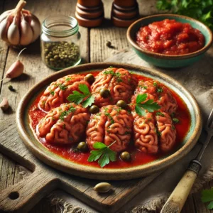 Een rustieke foto van een klassiek Frans gerecht met zacht gegaarde kalfshersenen in een kruidige tomatensaus, geserveerd op een keramieken bord op een doorleefde houten tafel. De delicate hersenen zijn omhuld met een dikke, dieprode saus van tomaten, knoflook, ui, marjolein en kappertjes. Versgehakte peterselie voegt een frisse touch toe. Op de achtergrond ligt een houten snijplank met extra kruiden en een schaaltje tomatensaus, subtiel vervaagd. Zacht natuurlijk licht zorgt voor een warme en uitnodigende sfeer.