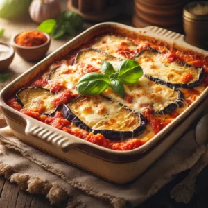 Een Italiaanse aubergine-ovenschotel met lagen geroosterde aubergine, tomatensaus, gesmolten mozzarella en Parmezaanse kaas, afgemaakt met een gouden, knapperige korst en verse basilicumblaadjes. Geserveerd in een rustieke ovenschaal op een houten tafel met zachte, natuurlijke belichting.