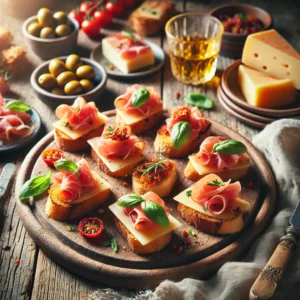 Italiaanse canapés met krokant brood, dun gesneden prosciutto en gesmolten Italiaanse kaas, gegarneerd met basilicum en zongedroogde tomaten. Geserveerd op een rustieke houten plank met warme, natuurlijke belichting.