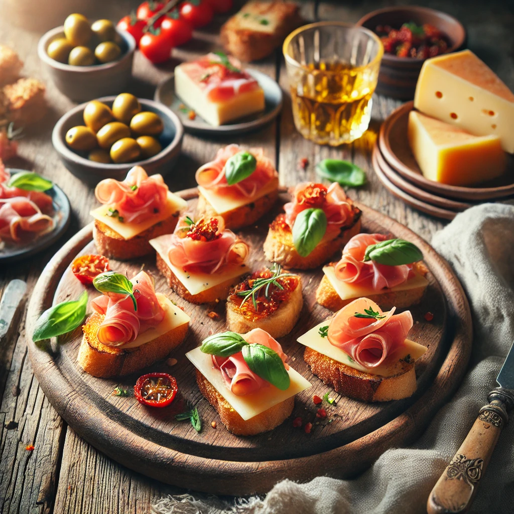 Italiaanse canapés met krokant brood, dun gesneden prosciutto en gesmolten Italiaanse kaas, gegarneerd met basilicum en zongedroogde tomaten. Geserveerd op een rustieke houten plank met warme, natuurlijke belichting.