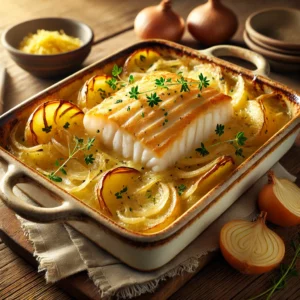 Een rustieke foto van 'Kabeljauwmoten op de Wijze van de Bakkerin,' een Franse ovenschotel met kabeljauw, geserveerd in een keramieken ovenschaal op een doorleefde houten tafel. Het gerecht bestaat uit dunne plakjes aardappel, goudgeel gekarameliseerde uien en malse kabeljauwfilets, gebakken in een romige melksaus. De bovenkant is licht goudbruin met gesmolten boter en een optionele laag kaas. Verse kruiden zorgen voor een kleurrijk contrast. Op de achtergrond ligt een houten snijplank met extra aardappelen en uien, subtiel vervaagd. Zacht natuurlijk licht zorgt voor een warme en uitnodigende sfeer.
