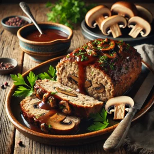 Een rustieke foto van kalfsgehaktbrood met champignons, geserveerd op een keramieken bord op een doorleefde houten tafel. Het goudbruine gehaktbrood is in plakken gesneden en onthult een sappige, malse binnenkant met fijngehakte champignons en kruiden. Een rijke champignonroomsaus is eroverheen gedruppeld voor extra smaak. Verse peterselie is erover gestrooid voor een frisse touch. Op de achtergrond ligt een houten snijplank met extra champignons en een schaaltje saus, subtiel vervaagd. Zacht natuurlijk licht zorgt voor een warme en uitnodigende sfeer.