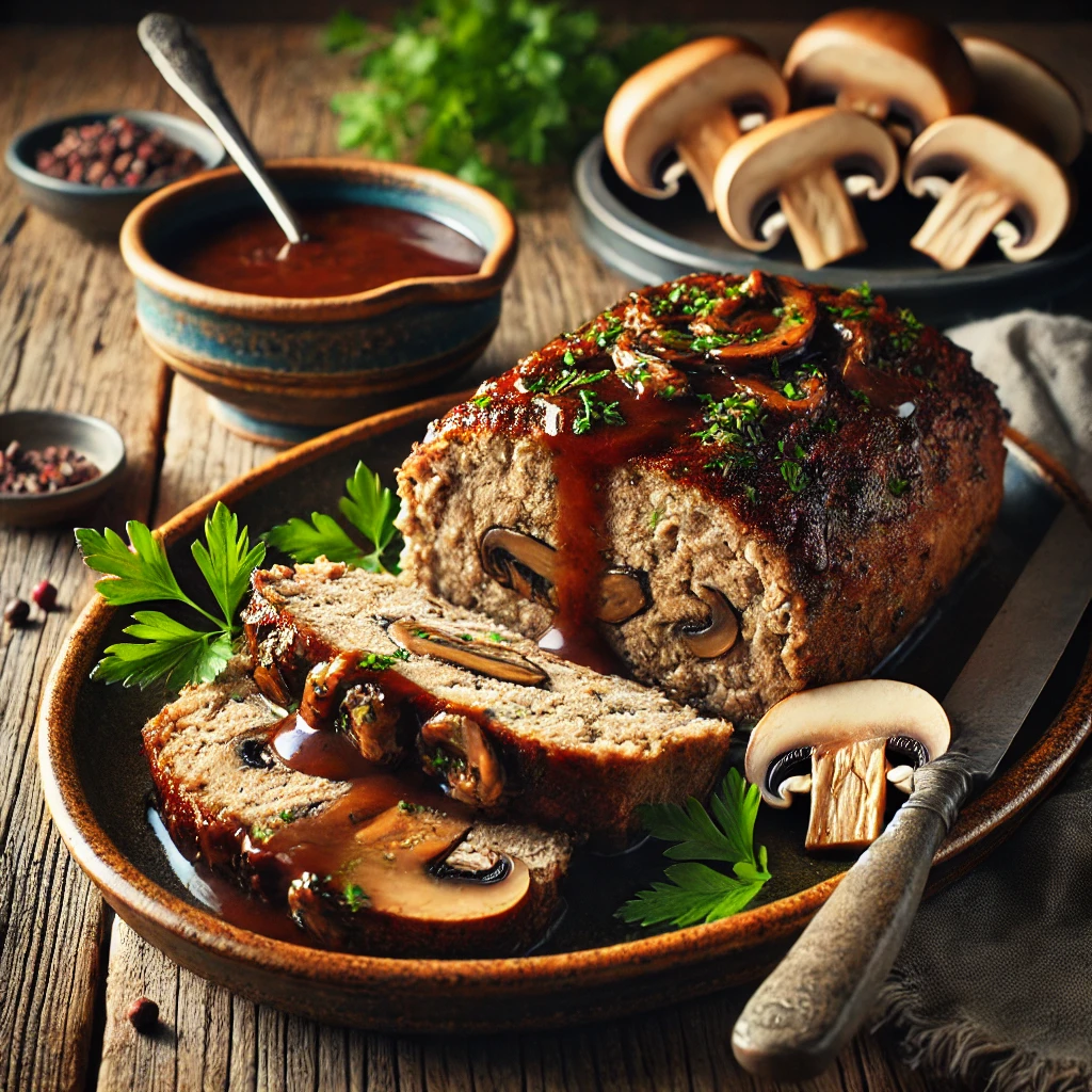 Een rustieke foto van kalfsgehaktbrood met champignons, geserveerd op een keramieken bord op een doorleefde houten tafel. Het goudbruine gehaktbrood is in plakken gesneden en onthult een sappige, malse binnenkant met fijngehakte champignons en kruiden. Een rijke champignonroomsaus is eroverheen gedruppeld voor extra smaak. Verse peterselie is erover gestrooid voor een frisse touch. Op de achtergrond ligt een houten snijplank met extra champignons en een schaaltje saus, subtiel vervaagd. Zacht natuurlijk licht zorgt voor een warme en uitnodigende sfeer.