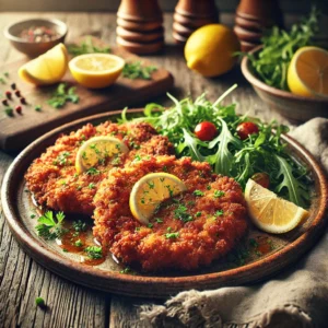 Een rustieke foto van kalfslapjes op z'n Milanees, geserveerd op een keramieken bord op een doorleefde houten tafel. De goudbruine, knapperig gebakken kalfslapjes zijn perfect gepaneerd en licht gefrituurd. Een schijfje citroen ligt bovenop, wat zorgt voor een frisse smaak. Het gerecht is gegarneerd met fijngesneden peterselie. Een kleine salade van rucola en cherrytomaten voegt een frisse tegenhanger toe. Op de achtergrond ligt een houten snijplank met extra citroenpartjes en peterselie, subtiel vervaagd. Zacht natuurlijk licht zorgt voor een warme en uitnodigende sfeer.
