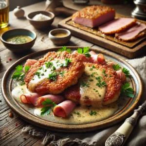 Goudbruin gebakken kalfsrolletjes met ham en tijm, geserveerd in een wittewijnsaus met rijst en een groene salade op een elegant bord.