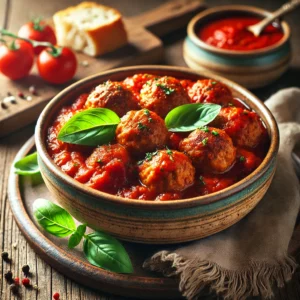 Smeuïge kalfsvleesballetjes geserveerd in een kruidige tomatensaus met tagliatelle en geraspte Parmezaanse kaas op een rustiek bord.
