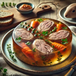 Een realistische foto van konijn in gelei, geserveerd op een rustiek keramieken bord op een doorleefde houten tafel. De langzaam gegaarde stukjes konijn zijn omhuld door een heldere, goudkleurige gelei, subtiel gekruid met verse kruiden en specerijen. Dunne plakjes wortel en verse peterselie zijn verwerkt in de gelei, wat zorgt voor een kleurrijke en verfijnde presentatie. Een paar takjes tijm en een sneetje rustiek brood maken het gerecht compleet. Op de achtergrond ligt een houten snijplank met extra konijnenvlees en een schaaltje mosterd, subtiel vervaagd. Zacht natuurlijk licht creëert een warme en uitnodigende sfeer.