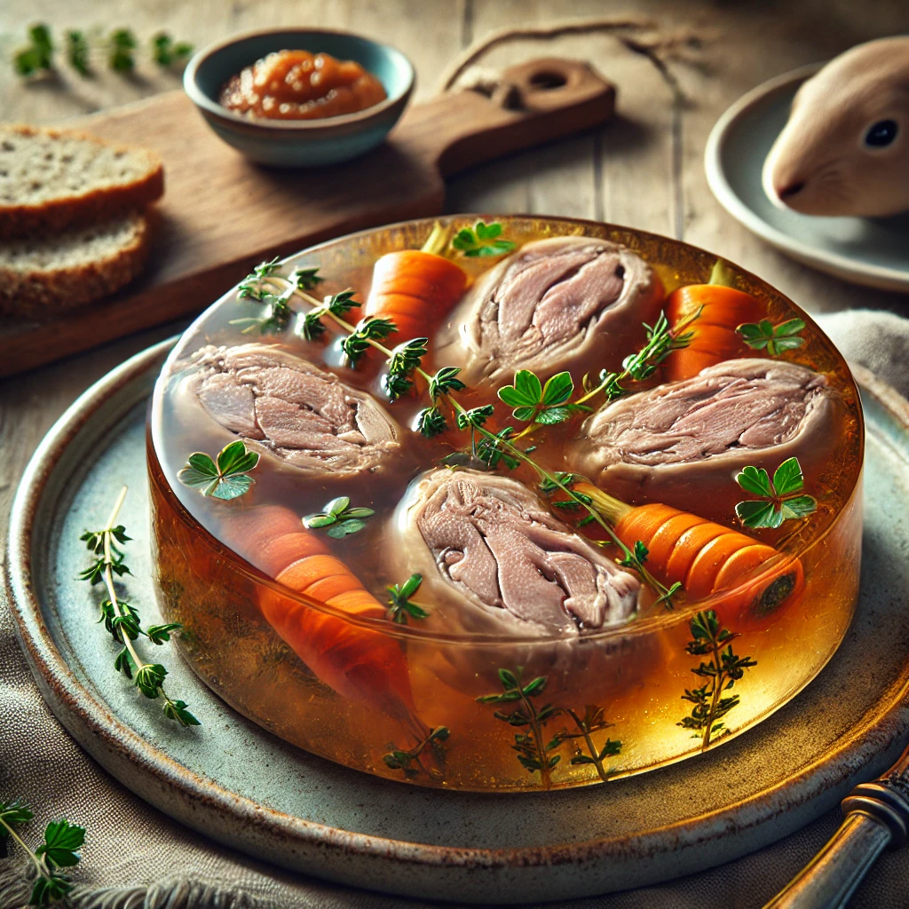 Een realistische foto van konijn in gelei, geserveerd op een rustiek keramieken bord op een doorleefde houten tafel. De langzaam gegaarde stukjes konijn zijn omhuld door een heldere, goudkleurige gelei, subtiel gekruid met verse kruiden en specerijen. Dunne plakjes wortel en verse peterselie zijn verwerkt in de gelei, wat zorgt voor een kleurrijke en verfijnde presentatie. Een paar takjes tijm en een sneetje rustiek brood maken het gerecht compleet. Op de achtergrond ligt een houten snijplank met extra konijnenvlees en een schaaltje mosterd, subtiel vervaagd. Zacht natuurlijk licht creëert een warme en uitnodigende sfeer.
