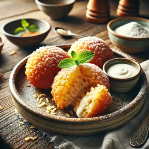 Krokante, goudbruine rijstbeignets met een zachte, vanille-geïnfuseerde vulling, licht bestoven met poedersuiker. Geserveerd met een schaaltje vanillesaus en gegarneerd met verse munt, op een rustieke houten tafel met warme, natuurlijke belichting.