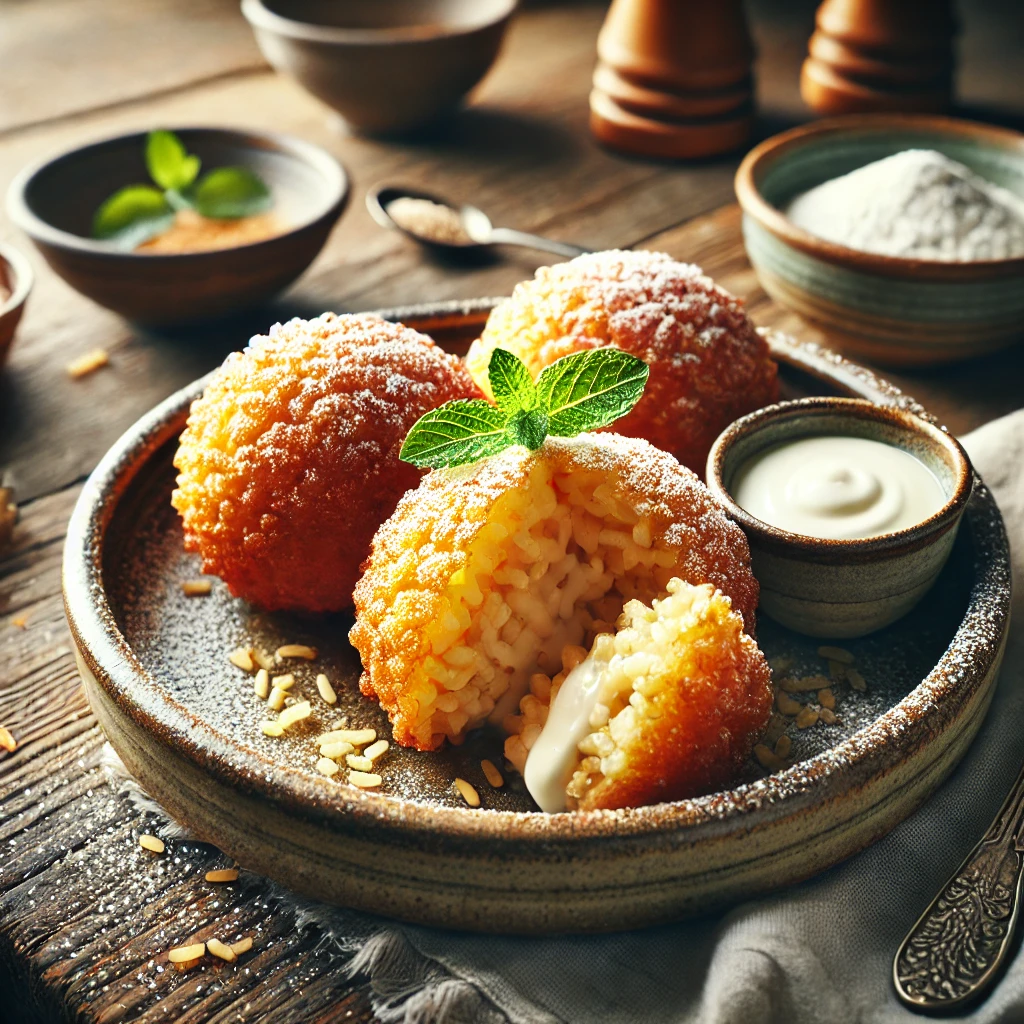Krokante, goudbruine rijstbeignets met een zachte, vanille-geïnfuseerde vulling, licht bestoven met poedersuiker. Geserveerd met een schaaltje vanillesaus en gegarneerd met verse munt, op een rustieke houten tafel met warme, natuurlijke belichting.