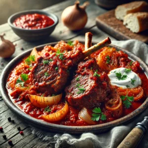 Een rustieke houten plank met gesneden lamsvlees op z'n Hongaars, omringd door gestoofde uien, tomaten en een schaaltje ansjovisboter, geserveerd met saus en verse kruiden op een donkerblauw servet.