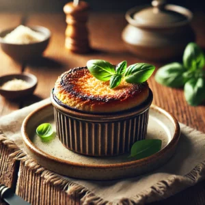 Een luchtige aubergine-soufflé met een goudbruine, licht gerezen bovenkant, geserveerd in een rustieke keramische ramekin. Gegarneerd met geraspte kaas en verse basilicumblaadjes, op een houten tafel met zachte, natuurlijke belichting.
