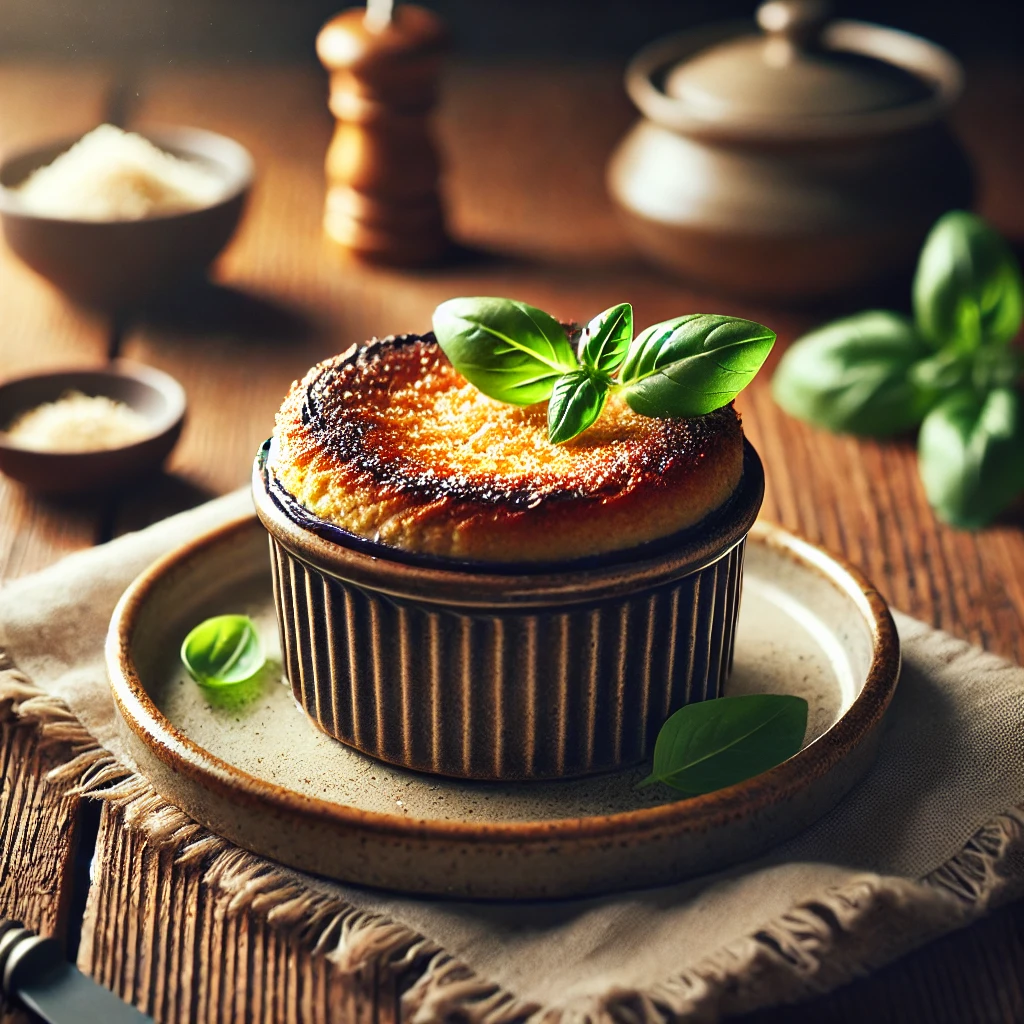 Een luchtige aubergine-soufflé met een goudbruine, licht gerezen bovenkant, geserveerd in een rustieke keramische ramekin. Gegarneerd met geraspte kaas en verse basilicumblaadjes, op een houten tafel met zachte, natuurlijke belichting.