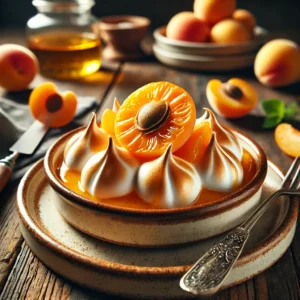 Een dessert van luchtig eierschuim met abrikozenpuree, goudbruin gebakken en geglazuurd met abrikozensiroop. Het gerecht is gegarneerd met verse abrikoenschijfjes en wordt geserveerd op een rustieke houten tafel met warme, natuurlijke belichting.