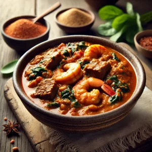 Nigeriaanse egusi stoofpot met rundvlees, garnalen en spinazie in een diepe kom, geserveerd op een gekleurde onderzetter met fufu aan de zijkant