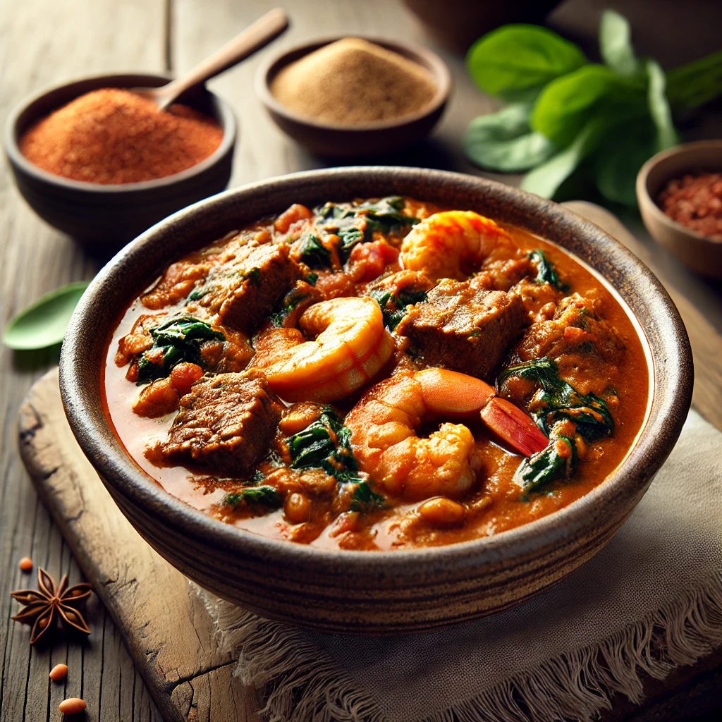 Nigeriaanse egusi stoofpot met rundvlees, garnalen en spinazie in een diepe kom, geserveerd op een gekleurde onderzetter met fufu aan de zijkant
