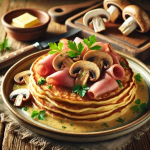 Goudbruine pannenkoeken gevuld met romige ham-champignonragout, opgerold en gegratineerd met gesmolten gruyère, geserveerd op een zachtgroen bord met peterselieblaadjes
