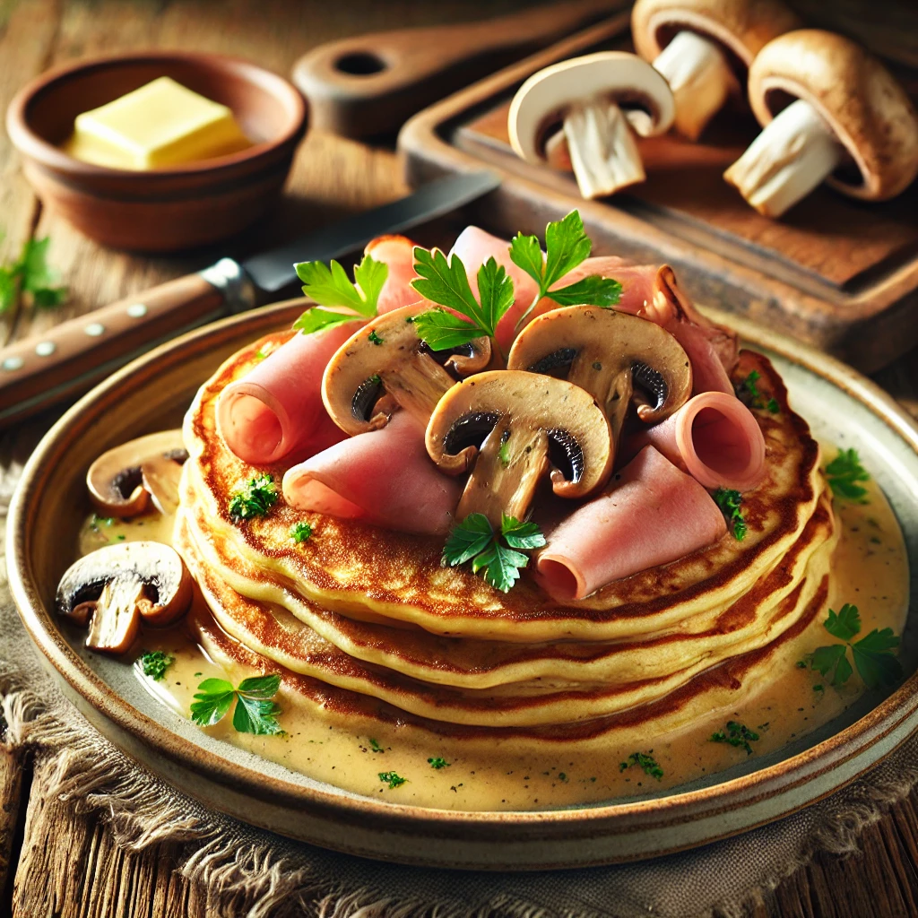 Goudbruine pannenkoeken gevuld met romige ham-champignonragout, opgerold en gegratineerd met gesmolten gruyère, geserveerd op een zachtgroen bord met peterselieblaadjes