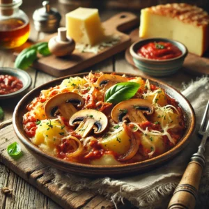 Goudbruin gebakken Piemontese aardappelschotel in een rustieke ovenschaal, met gesmolten Parmezaanse kaas, room en gesmoorde uien op een houten tafel