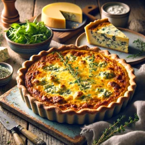 Lauwwarme quiche met Roquefort geserveerd op een houten plank, met een frisse rucolasalade ernaast en een knapperige goudbruine korst.