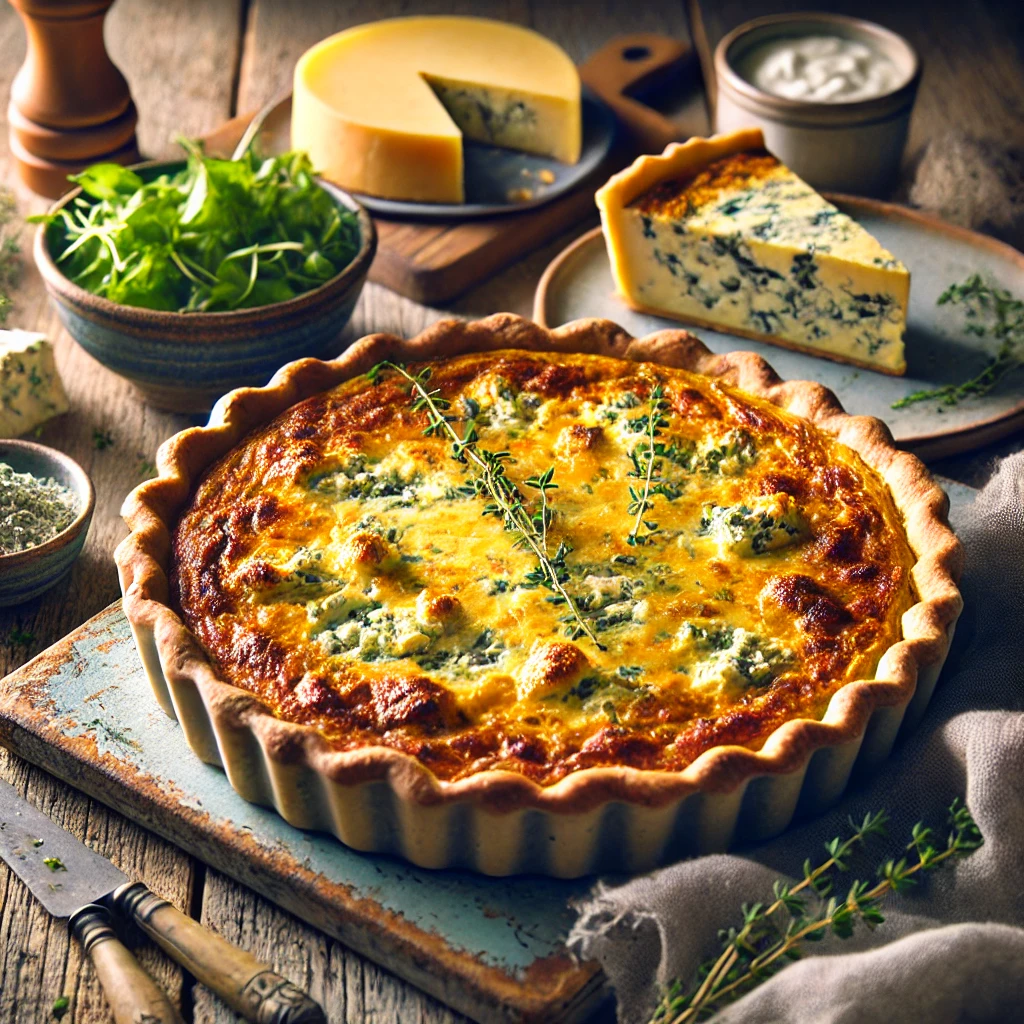 Lauwwarme quiche met Roquefort geserveerd op een houten plank, met een frisse rucolasalade ernaast en een knapperige goudbruine korst.