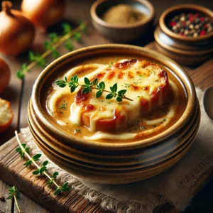 Een kom romige Franse uiensoep met een rijke, gouden kleur, geserveerd met een sneetje knapperig stokbrood bedekt met gesmolten, goudbruine kaas. Gegarneerd met verse tijm en een snufje zwarte peper, op een rustieke houten tafel met warme, natuurlijke belichting.