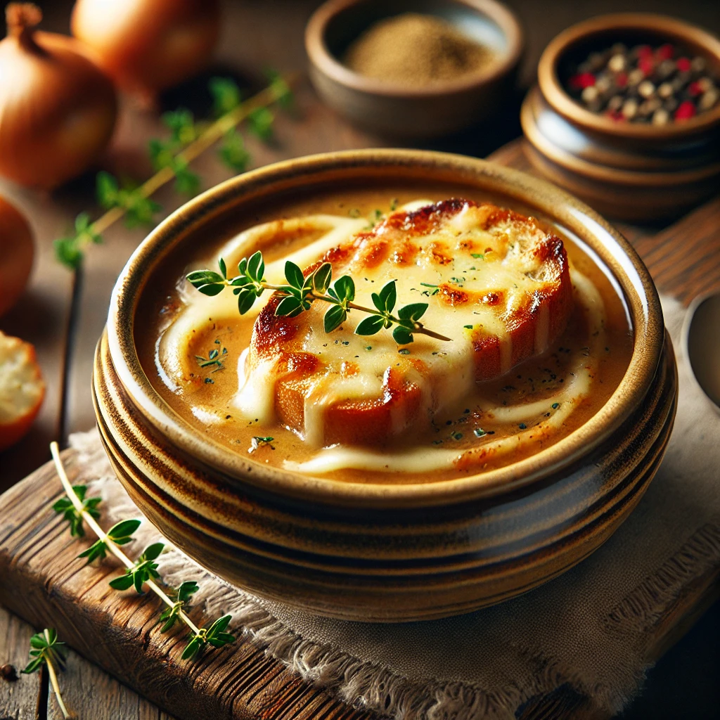 Een kom romige Franse uiensoep met een rijke, gouden kleur, geserveerd met een sneetje knapperig stokbrood bedekt met gesmolten, goudbruine kaas. Gegarneerd met verse tijm en een snufje zwarte peper, op een rustieke houten tafel met warme, natuurlijke belichting.