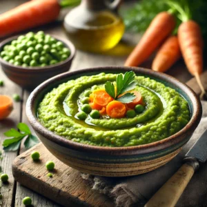 Romige spliterwtenpuree met wortel en ui, geserveerd in een rustieke kom op een houten tafel met verse kruiden