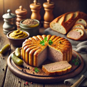 Traditionele Franse boerenpastei met een goudbruine, knapperige korst en een rijk, hartig vleesmengsel. Geserveerd met cornichons, grove mosterd en knapperige baguette, op een rustieke houten tafel met warme, natuurlijke belichting.