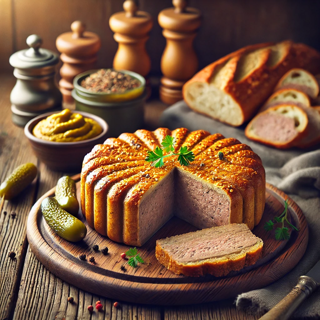 Traditionele Franse boerenpastei met een goudbruine, knapperige korst en een rijk, hartig vleesmengsel. Geserveerd met cornichons, grove mosterd en knapperige baguette, op een rustieke houten tafel met warme, natuurlijke belichting.