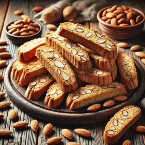 Een rustieke oude houten tafel met een bord amandelbiscotti, goudbruin en tweemaal gebakken, met zichtbare amandelschijfjes binnenin. Enkele koekjes zijn schuin tegen elkaar geplaatst, omringd door losse amandelen.