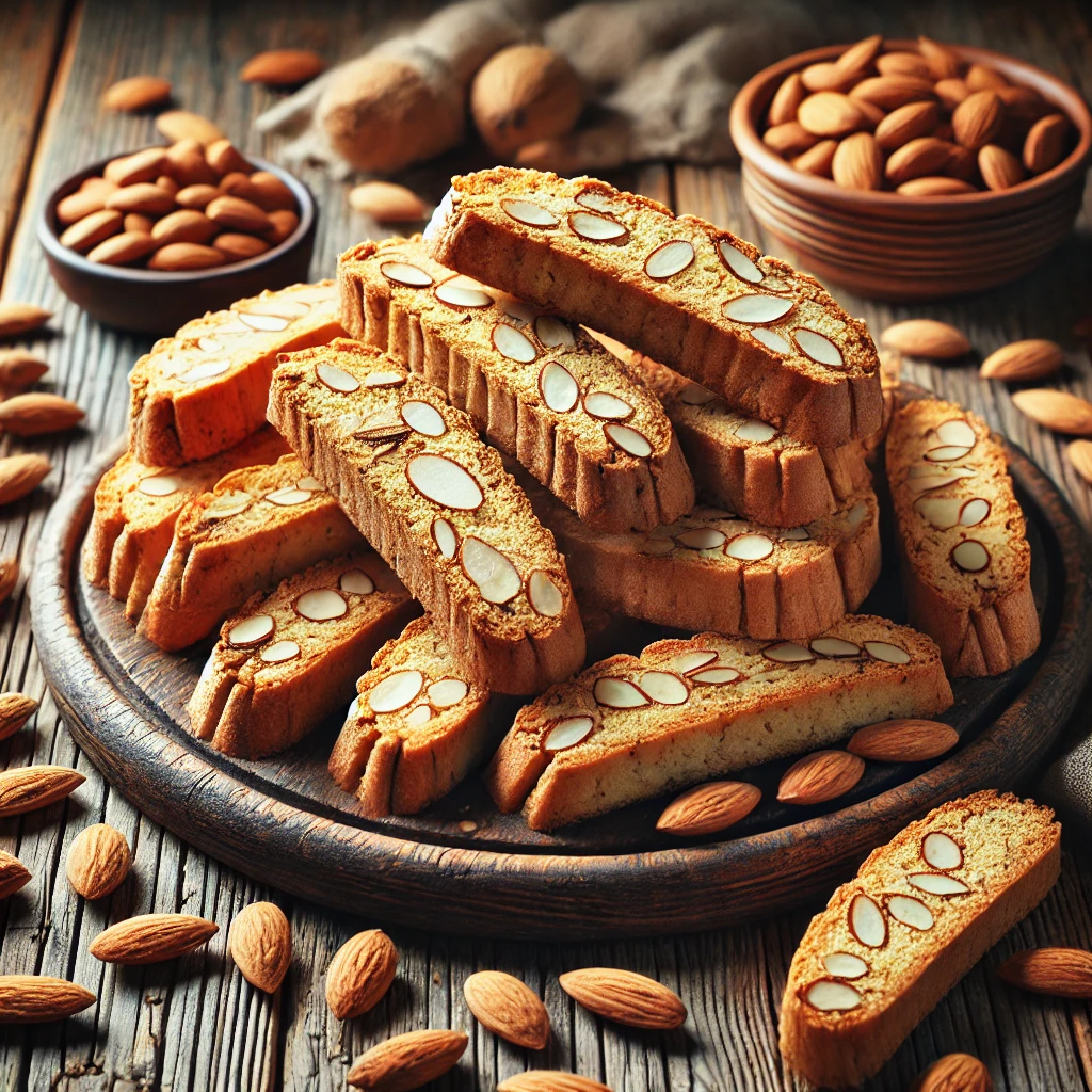 Een rustieke oude houten tafel met een bord amandelbiscotti, goudbruin en tweemaal gebakken, met zichtbare amandelschijfjes binnenin. Enkele koekjes zijn schuin tegen elkaar geplaatst, omringd door losse amandelen.
