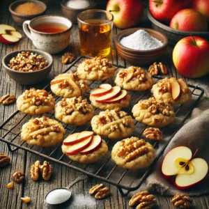 Versgebakken appel-walnoot koekjes met glazuur op een rooster, omringd door appelpartjes en walnoten op een houten tafel.