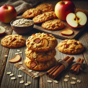 Een rustieke oude houten tafel met een stapel appel-havermoutkoekjes, grof van structuur met zichtbare stukjes appel en havervlokken. Er liggen wat kaneelstokjes en appelpartjes ter decoratie rondom.