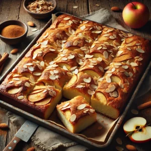 Een rustieke oude houten tafel met een goudbruine appelplaatkoek, in vierkanten gesneden, met stukjes appel en royaal bestrooid met kaneel en amandelschaafsel. Enkele stukken zijn los geplaatst voor een gezellige presentatie.