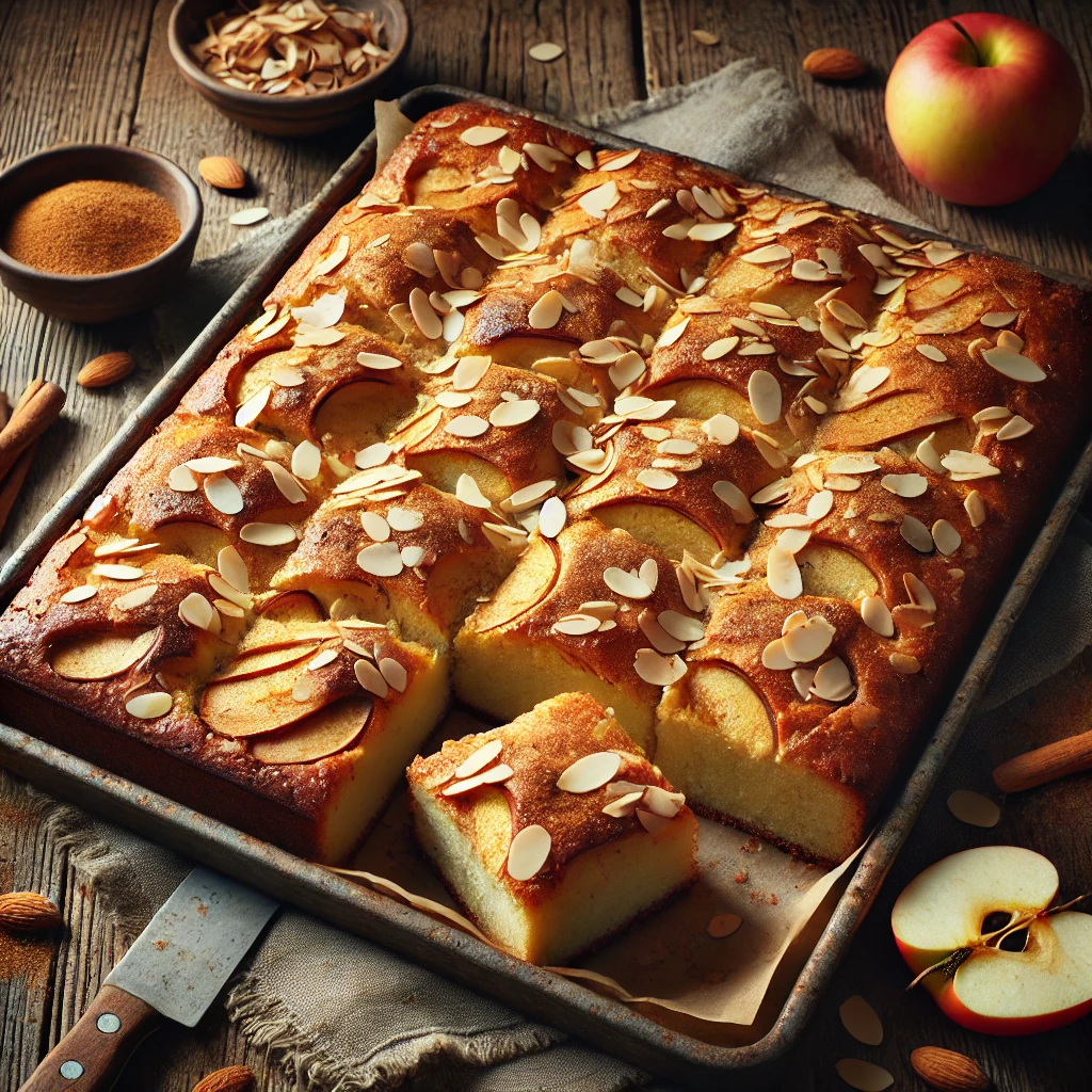 Een rustieke oude houten tafel met een goudbruine appelplaatkoek, in vierkanten gesneden, met stukjes appel en royaal bestrooid met kaneel en amandelschaafsel. Enkele stukken zijn los geplaatst voor een gezellige presentatie.