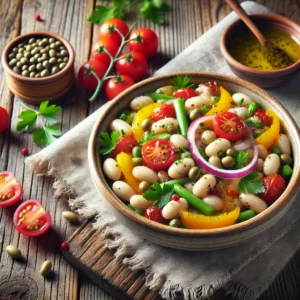 Kleurrijke bonensalade met paprika en tomaat op een rustieke houten tafel, geserveerd met een kruidige dressing.