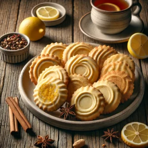 Een rustieke oude houten tafel met een bord klassieke boterkoekjes in verschillende variaties: naturel, met citroenrasp, kaneel en stukjes gember. Een kopje thee staat ernaast in een gezellige setting.