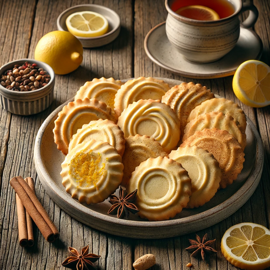 Een rustieke oude houten tafel met een bord klassieke boterkoekjes in verschillende variaties: naturel, met citroenrasp, kaneel en stukjes gember. Een kopje thee staat ernaast in een gezellige setting.