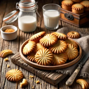 Een rustieke oude houten tafel met een bord klassieke Bretonse koekjes, goudbruin en glanzend met een ruitjespatroon bovenop. Enkele koekjes liggen gestapeld, andere zijn verspreid met wat kruimels eromheen.