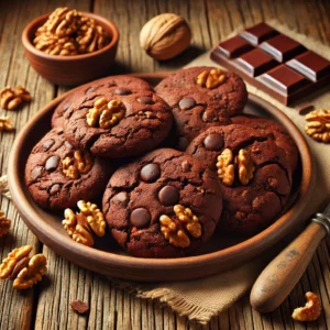 Een rustieke oude houten tafel met een bord chocoladekoekjes, rijkelijk gevuld met stukjes walnoot. De koekjes zijn donkerbruin, licht gebarsten en rondom liggen walnoten en chocoladestukjes voor een ambachtelijke uitstraling.