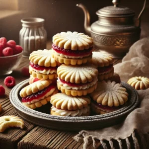 Een rustieke oude houten tafel met een bord dubbele boterkoekjes, gevuld met frambozenjam en roomkaas. De koekjes zijn op elkaar gedrukt tot sandwiches en licht bestoven met poedersuiker, enkele koekjes zijn opengemaakt om de vulling te tonen.