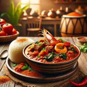 Een rustieke houten tafel met een kom Nigeriaanse egusi-stoofpot. De stoofpot is dik en rijk van kleur met een roodachtige tomatenbasis, stukken rundvlees, hele garnalen, groene spinazie en een licht korrelige textuur van gemalen pompoenpitten. Het gerecht is gegarneerd met verse kruiden en geserveerd met een portie fufu aan de zijkant. De achtergrond toont een warme, huiselijke keuken met natuurlijke verlichting.