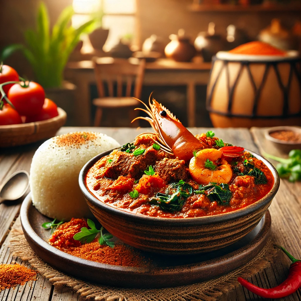 Een rustieke houten tafel met een kom Nigeriaanse egusi-stoofpot. De stoofpot is dik en rijk van kleur met een roodachtige tomatenbasis, stukken rundvlees, hele garnalen, groene spinazie en een licht korrelige textuur van gemalen pompoenpitten. Het gerecht is gegarneerd met verse kruiden en geserveerd met een portie fufu aan de zijkant. De achtergrond toont een warme, huiselijke keuken met natuurlijke verlichting.